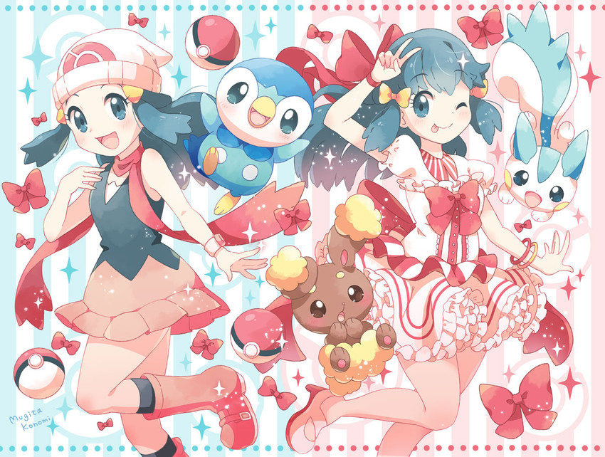 dawn, piplup, pachirisu, and buneary (pokemon and 1 more) drawn by mugita_konomi