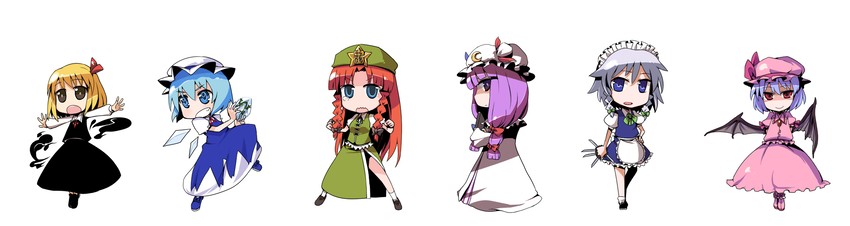 remilia scarlet, izayoi sakuya, cirno, patchouli knowledge, hong meiling, and 1 more (touhou and 1 more) drawn by hitsuji_bako