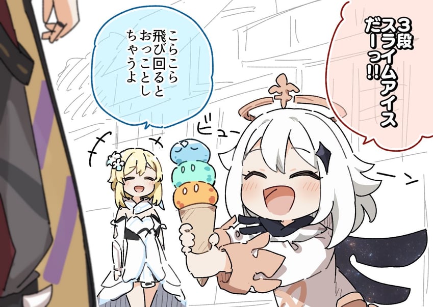 lumine, paimon, slime, and arataki itto (genshin impact and 1 more) drawn by yukie_(kusaka_shi)