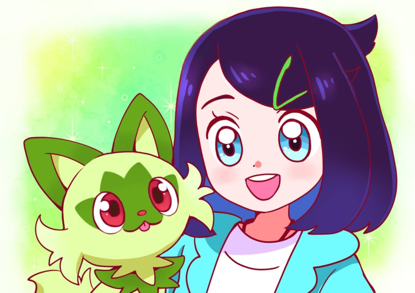 sprigatito and liko (pokemon and 1 more) drawn by kyanos_(b_0000ff)