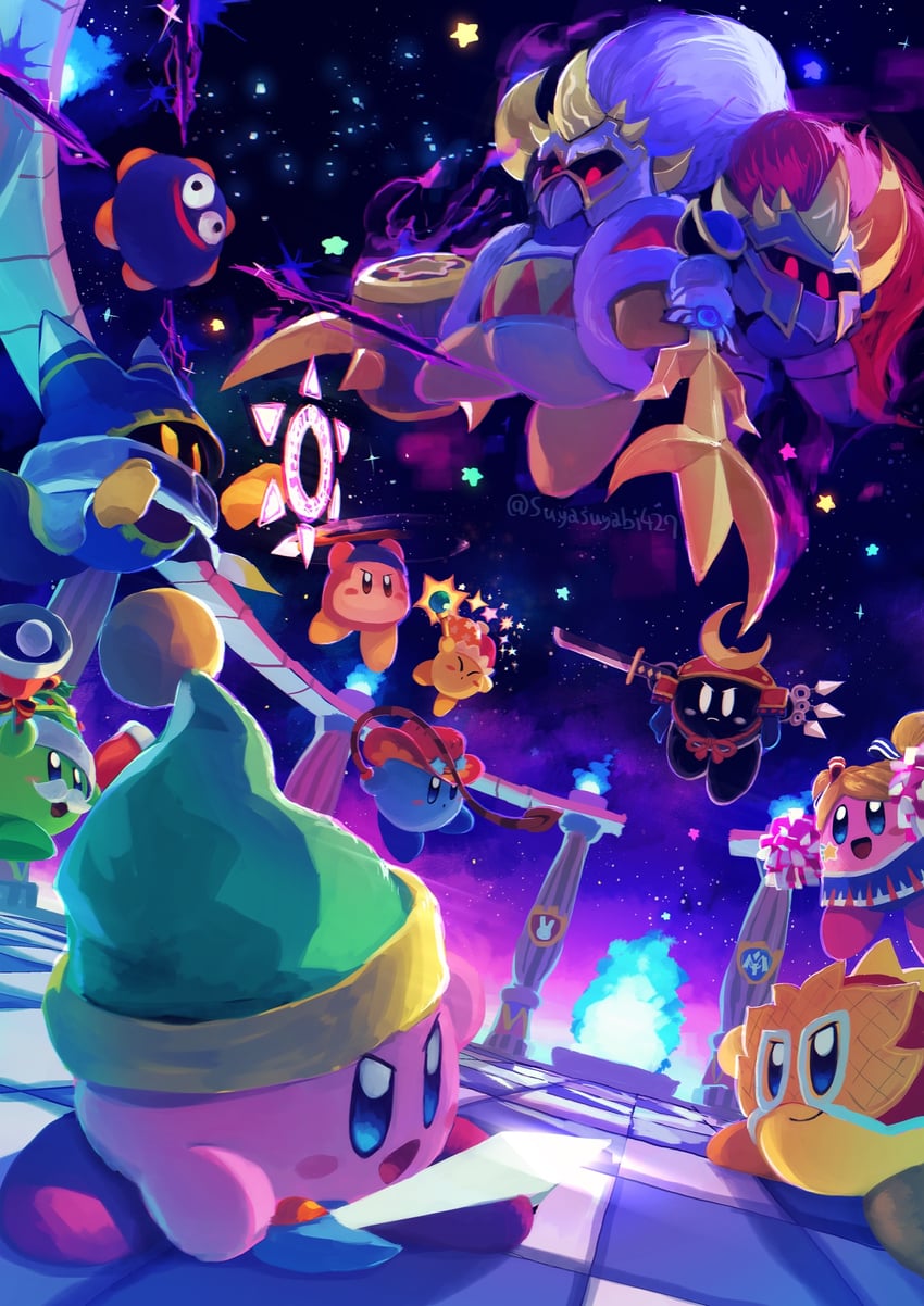 kirby, meta knight, king dedede, magolor, bandana waddle dee, and 11 more (kirby and 1 more) drawn by suyasuyabi
