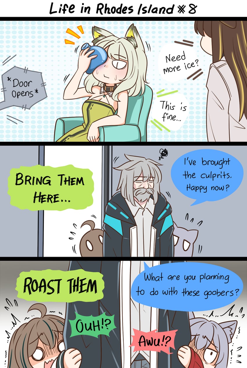 doctor, kal'tsit, male doctor, projekt red, old man, and 2 more (arknights) drawn by guin_guin
