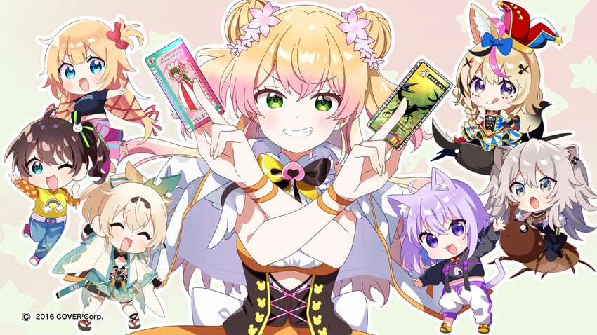 nekomata okayu, shishiro botan, natsuiro matsuri, kazama iroha, omaru polka, and 2 more (hololive) drawn by hutaba_haru