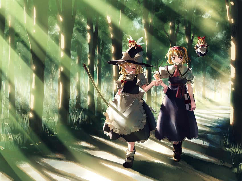 kirisame marisa, alice margatroid, shanghai doll, and hourai doll (touhou) drawn by yuuki_tatsuya
