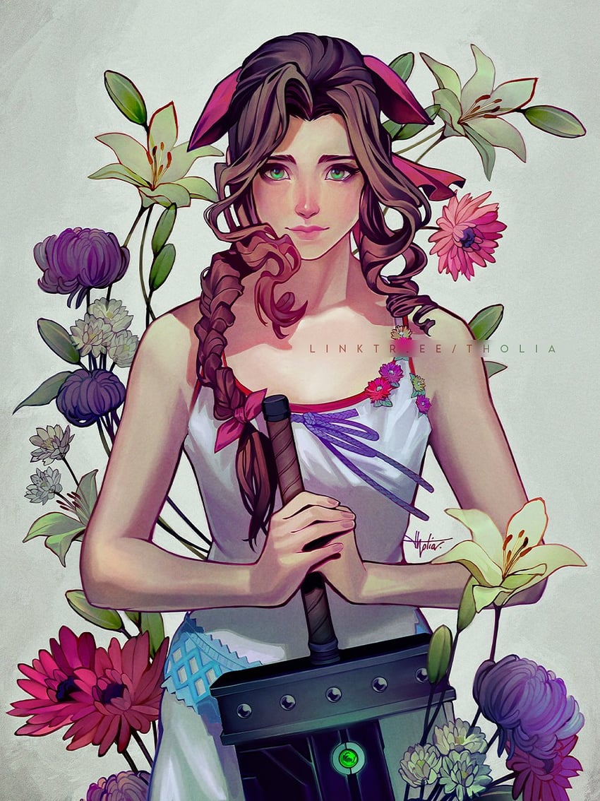 aerith gainsborough (final fantasy and 2 more) drawn by tholia_bentz