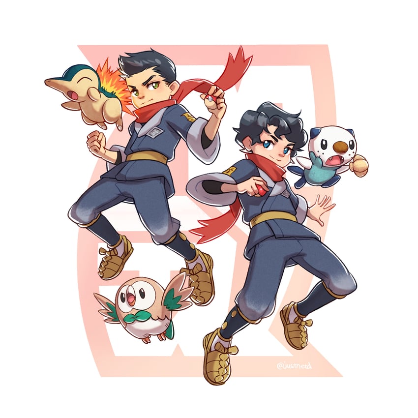 rowlet, oshawott, cyndaquil, rei, damian wayne, and 1 more (pokemon and 3 more) drawn by justnetd