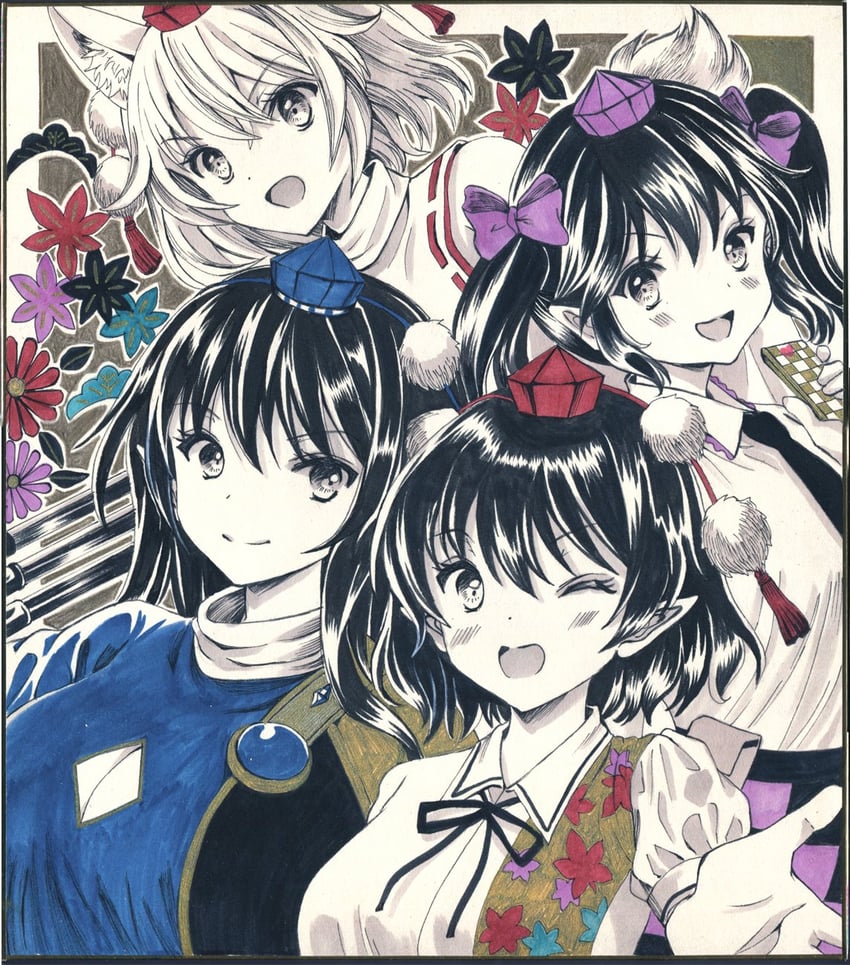 shameimaru aya, inubashiri momiji, himekaidou hatate, and iizunamaru megumu (touhou) drawn by hajike_akira