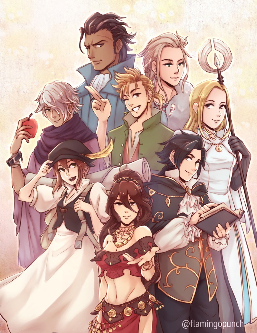 therion, tressa colzione, primrose azelhart, ophilia clement, cyrus albright, and 3 more (octopath traveler and 1 more) drawn by flamingo_(eme324)