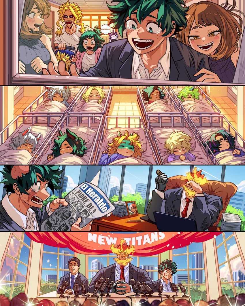 midoriya izuku, uraraka ochaco, toga himiko, todoroki shoto, endeavor, and 2 more (boku no hero academia and 1 more) drawn by vlizz