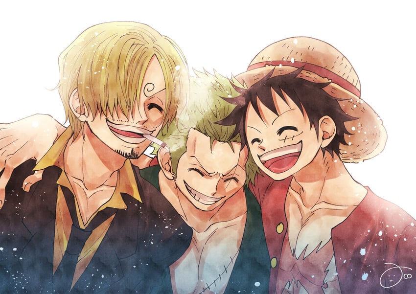 monkey d. luffy, roronoa zoro, and sanji (one piece) drawn by aco_peda