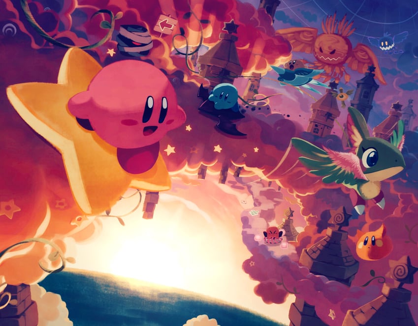 kirby, scarfy, ufo, doomer, mumbies, and 4 more (kirby and 2 more) drawn by suyasuyabi