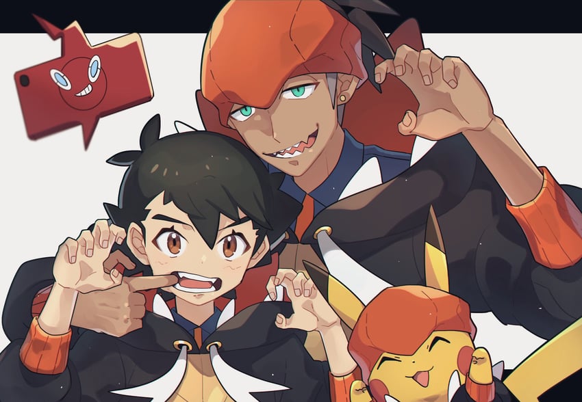 pikachu, ash ketchum, raihan, rotom, and rotom phone (pokemon and 1 more) drawn by ou_negi