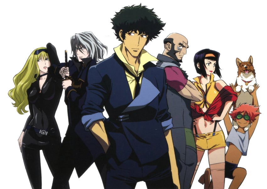 faye valentine, spike spiegel, edward wong hau pepelu tivrusky iv, ein, jet black, and 2 more (cowboy bebop) drawn by kawamoto_toshihiro