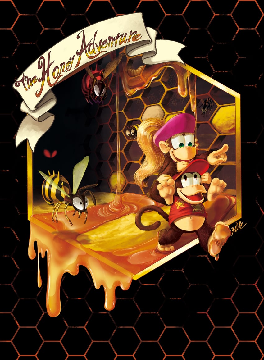 diddy kong, dixie kong, and zinger (donkey kong and 1 more) drawn by iwaiya