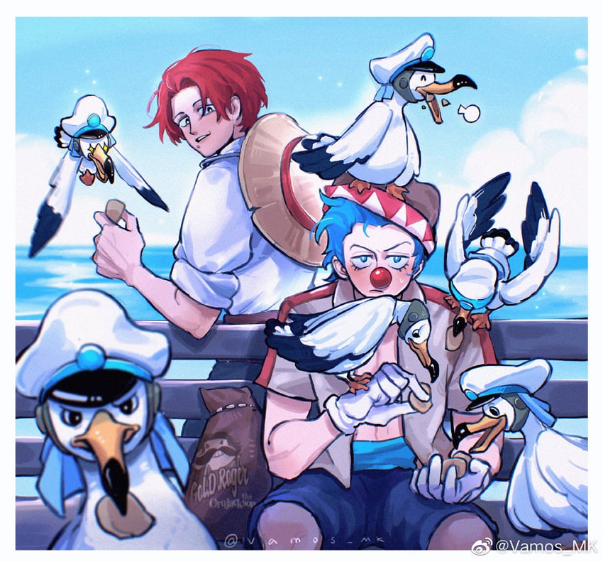 shanks, buggy the clown, and news coo (one piece and 1 more) drawn by vamos_mk