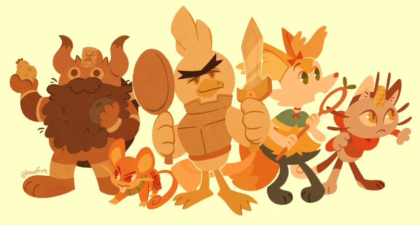 marcille donato, laios touden, senshi, chilchuck tims, meowth, and 5 more (pokemon and 1 more) drawn by lemonfroq