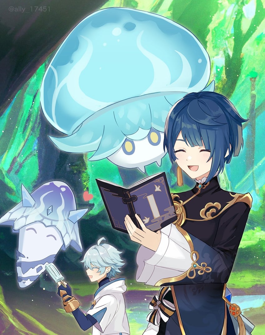 xingqiu, chongyun, and fungi (genshin impact) drawn by ari_(bleum)