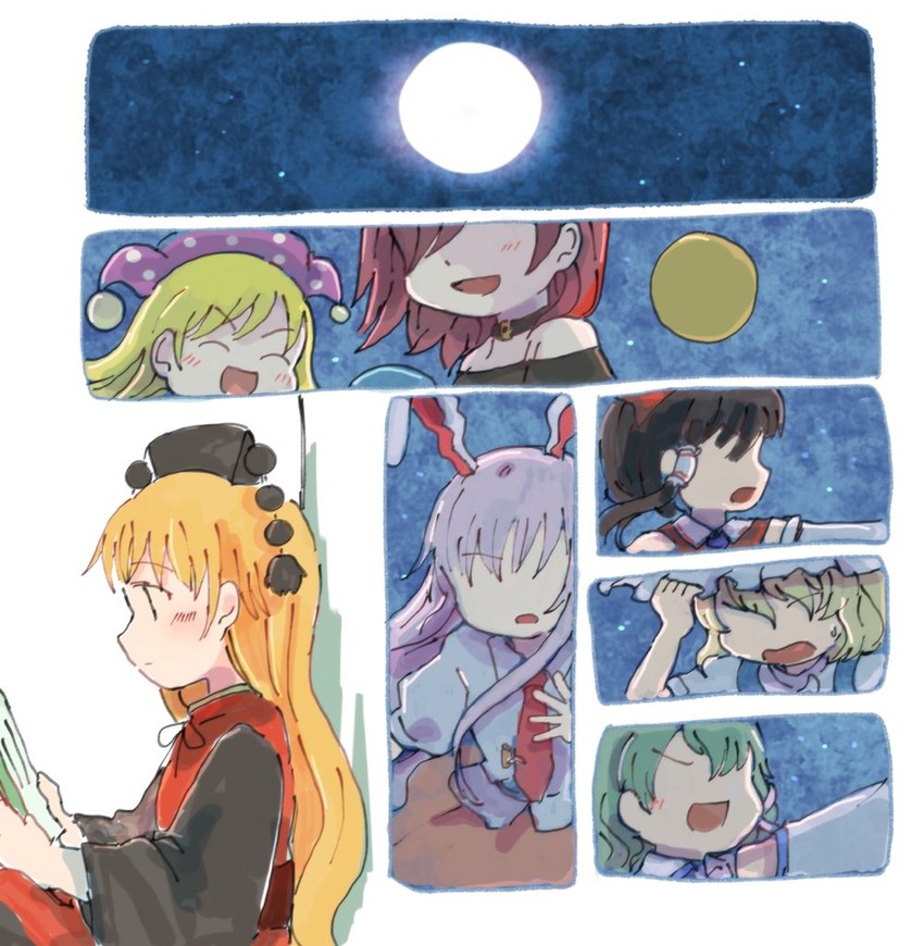 hakurei reimu, kirisame marisa, kochiya sanae, reisen udongein inaba, clownpiece, and 2 more (touhou and 1 more) drawn by rome35793562