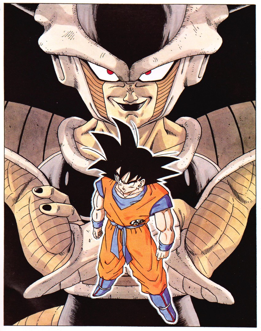 son goku, frieza, and 1st form frieza (dragon ball and 1 more) drawn by toriyama_akira