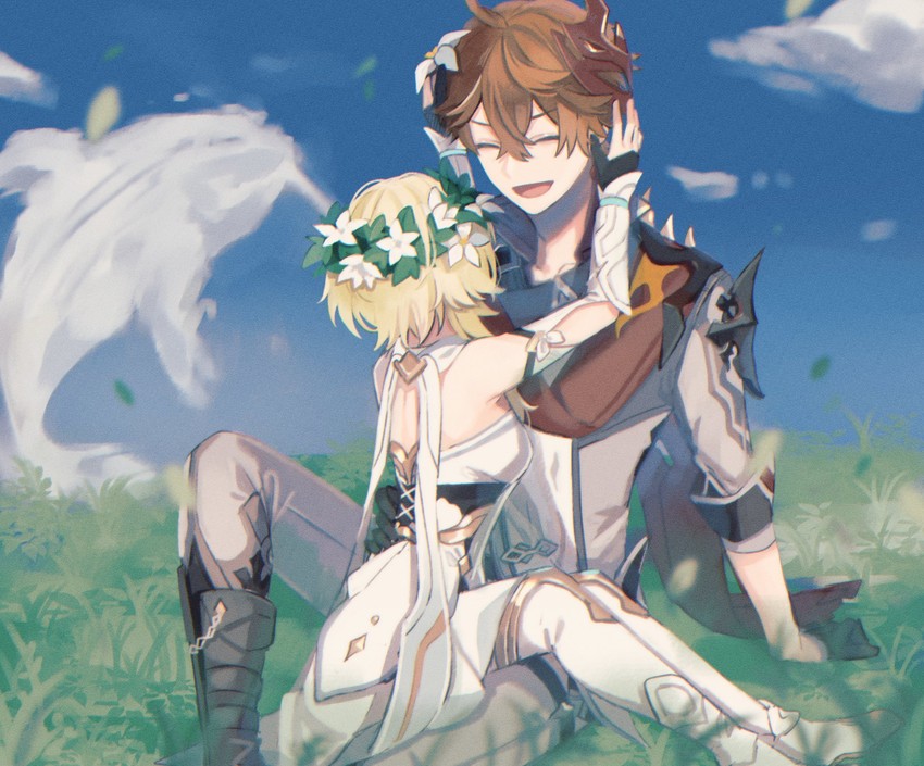 lumine and tartaglia (genshin impact) drawn by kino_(m6t2a)