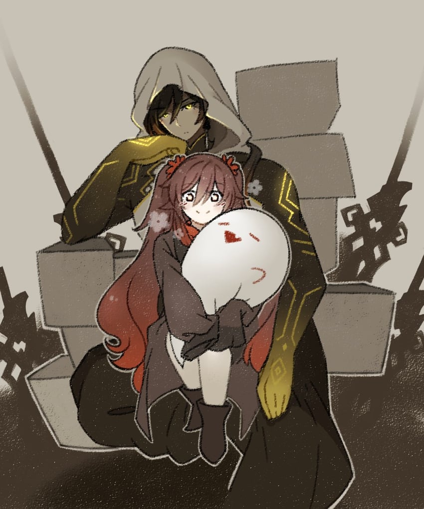 hu tao, zhongli, and boo tao (genshin impact) drawn by avera_illisa