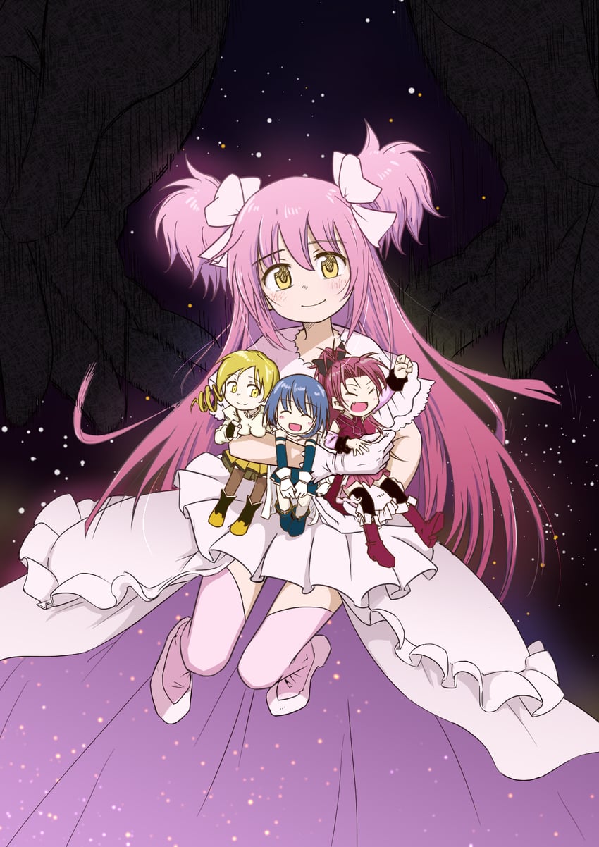 kaname madoka, miki sayaka, sakura kyoko, tomoe mami, and ultimate madoka (mahou shoujo madoka magica) drawn by okai_(pixiv6333)