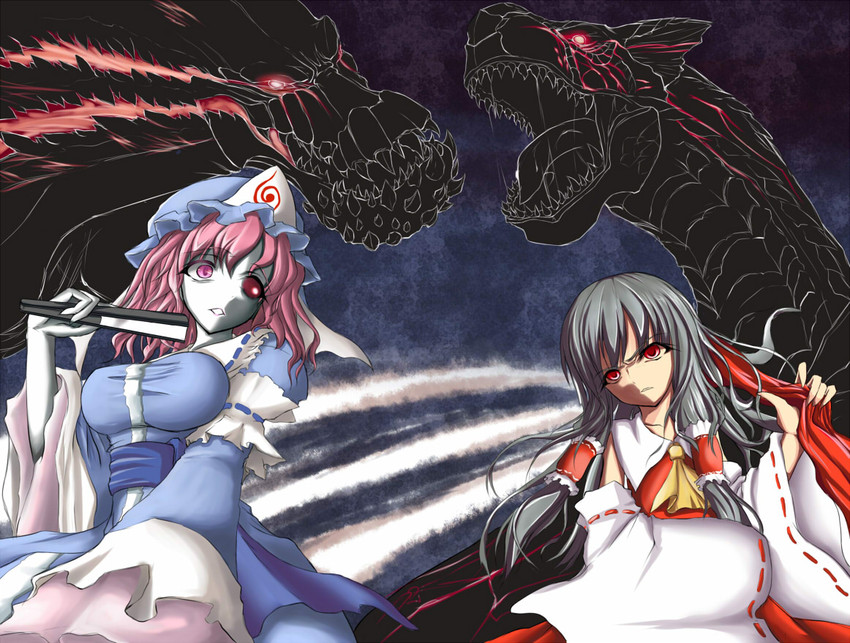 hakurei reimu, saigyouji yuyuko, deviljho, and tigrex (touhou and 1 more) drawn by kurosaki6262922