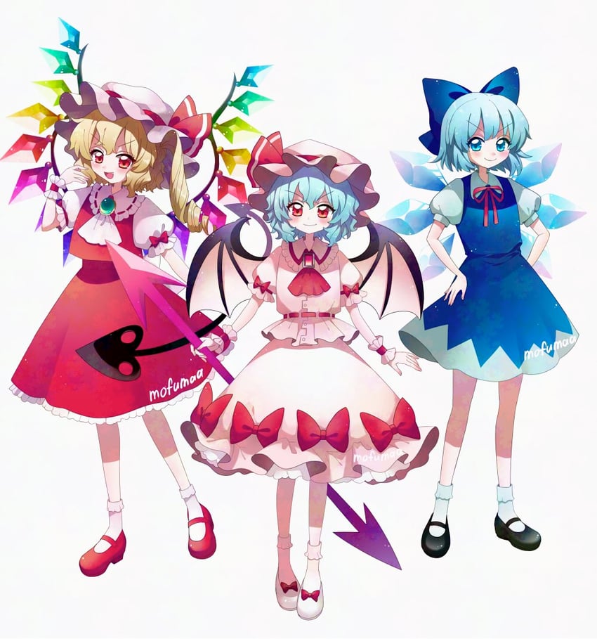 remilia scarlet, flandre scarlet, and cirno (touhou) drawn by maa_(forsythia1729)