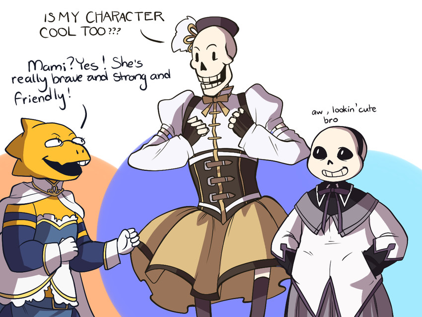 akemi homura, miki sayaka, tomoe mami, sans, papyrus, and 1 more (mahou shoujo madoka magica and 1 more) drawn by sarcasticasides