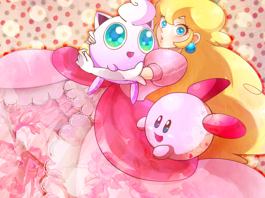 kirby, princess peach, and jigglypuff (pokemon and 3 more) drawn by hachimaru_(ediciusa)