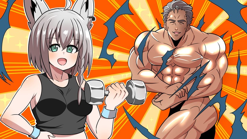 shirakami fubuki and maimoto keisuke (hololive and 2 more) drawn by aramori_susumu