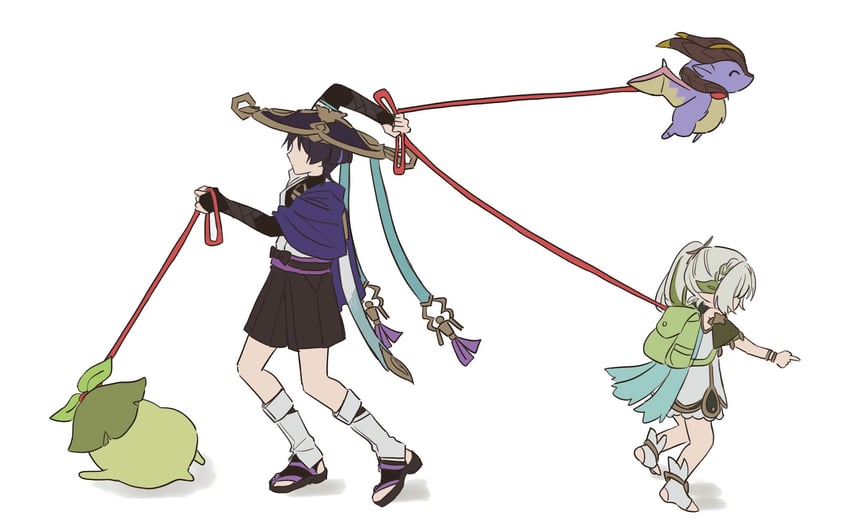 scaramouche, nahida, wanderer, aranara, and mini durin (genshin impact) drawn by no6_gnsn