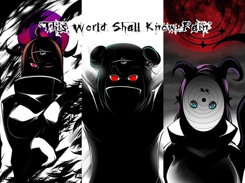 uruha rushia, kiryu coco, mano aloe, uchiha obito, and tobi (hololive and 2 more) drawn by meow7tail