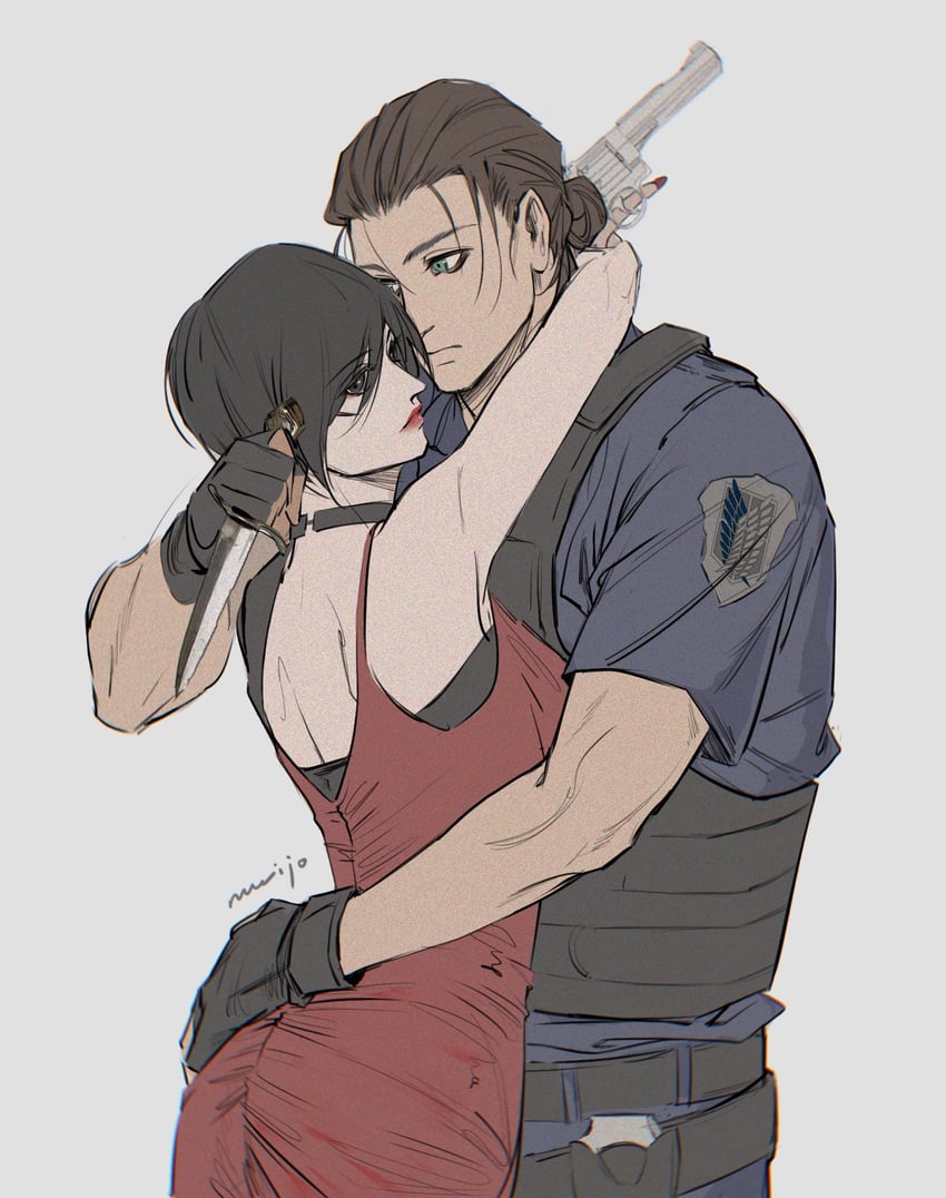 mikasa ackerman, eren yeager, leon s. kennedy, and ada wong (shingeki no kyojin and 1 more) drawn by mnine5