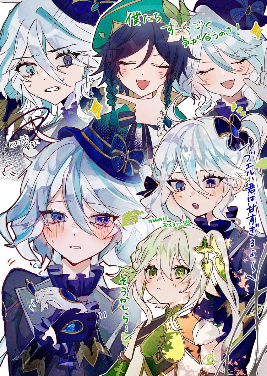 furina, nahida, and venti (genshin impact) drawn by usaki_moon