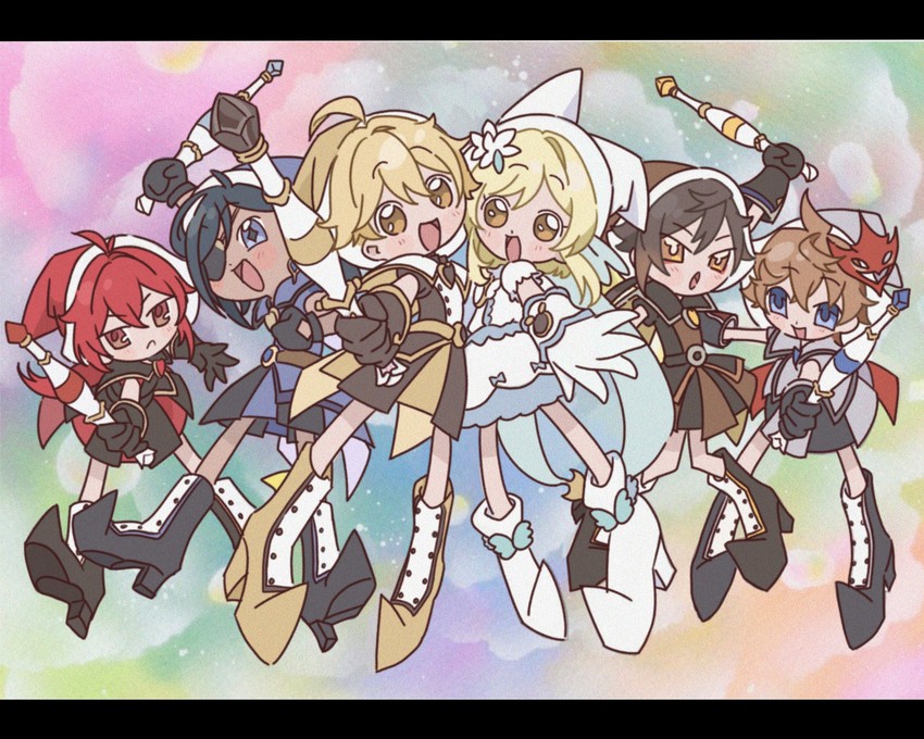 lumine, aether, zhongli, tartaglia, diluc, and 1 more (genshin impact and 1 more) drawn by honeymilk0252