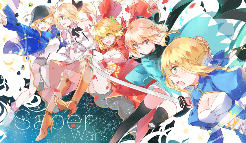 artoria pendragon, saber, nero claudius, okita souji, saber lily, and 1 more (fate and 5 more) drawn by maou_skun
