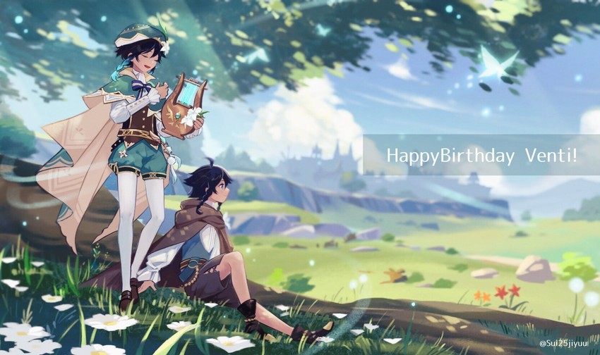venti, crystalfly, and nameless bard (genshin impact) drawn by sui25jiyuu