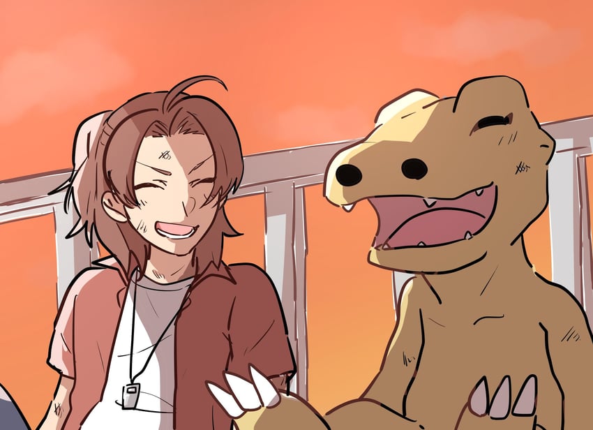 daimon masaru, agumon, and matsuno taiki (digimon and 1 more) drawn by gotm_tknr