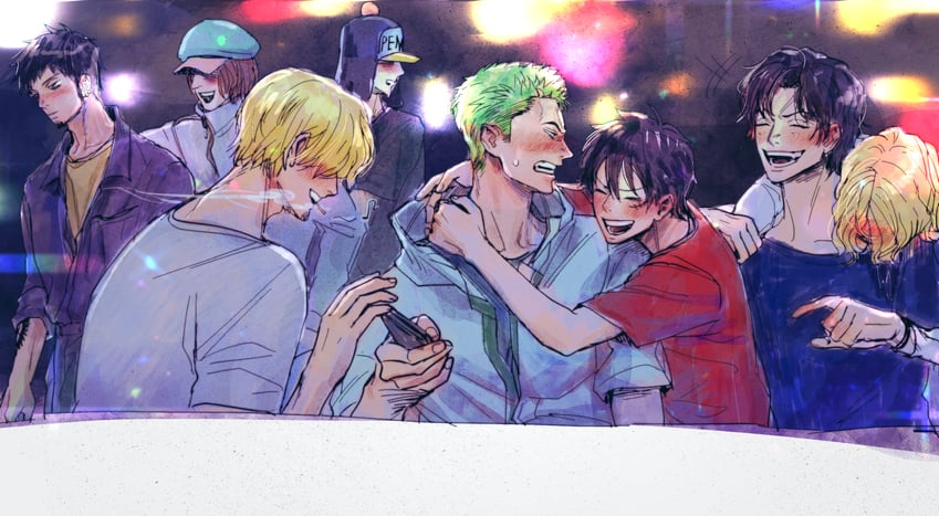 monkey d. luffy, roronoa zoro, sanji, trafalgar law, portgas d. ace, and 3 more (one piece) drawn by eg_(eastg111)