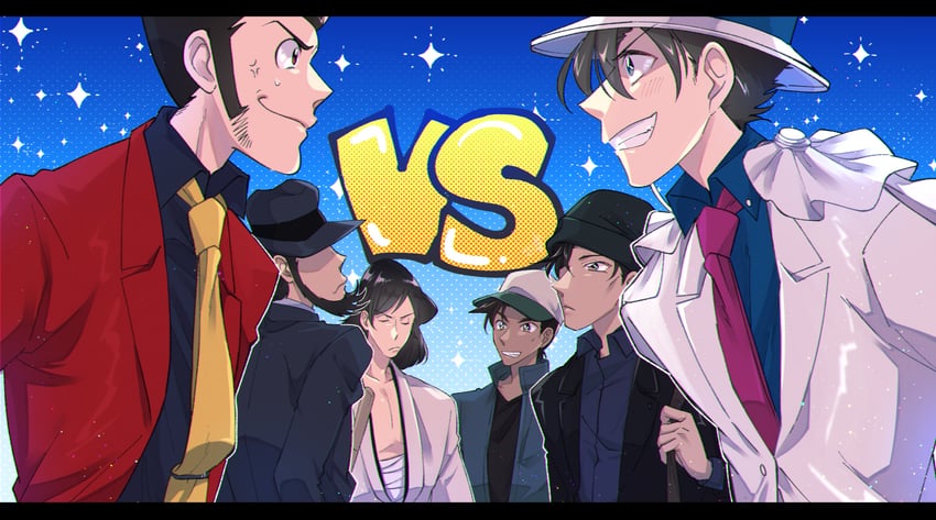 kaitou kid, arsene lupin iii, jigen daisuke, ishikawa goemon xiii, akai shuuichi, and 1 more (meitantei conan and 2 more) drawn by kmjynr9