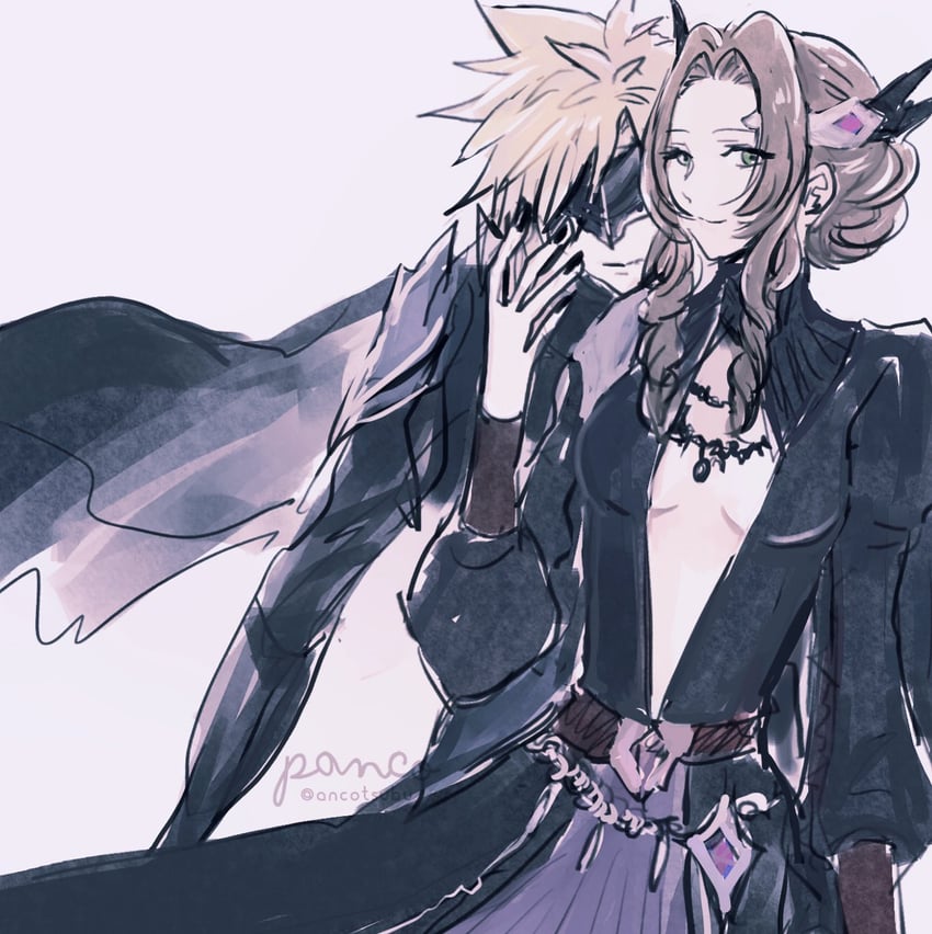 cloud strife and aerith gainsborough (final fantasy and 2 more) drawn by ancotsubu