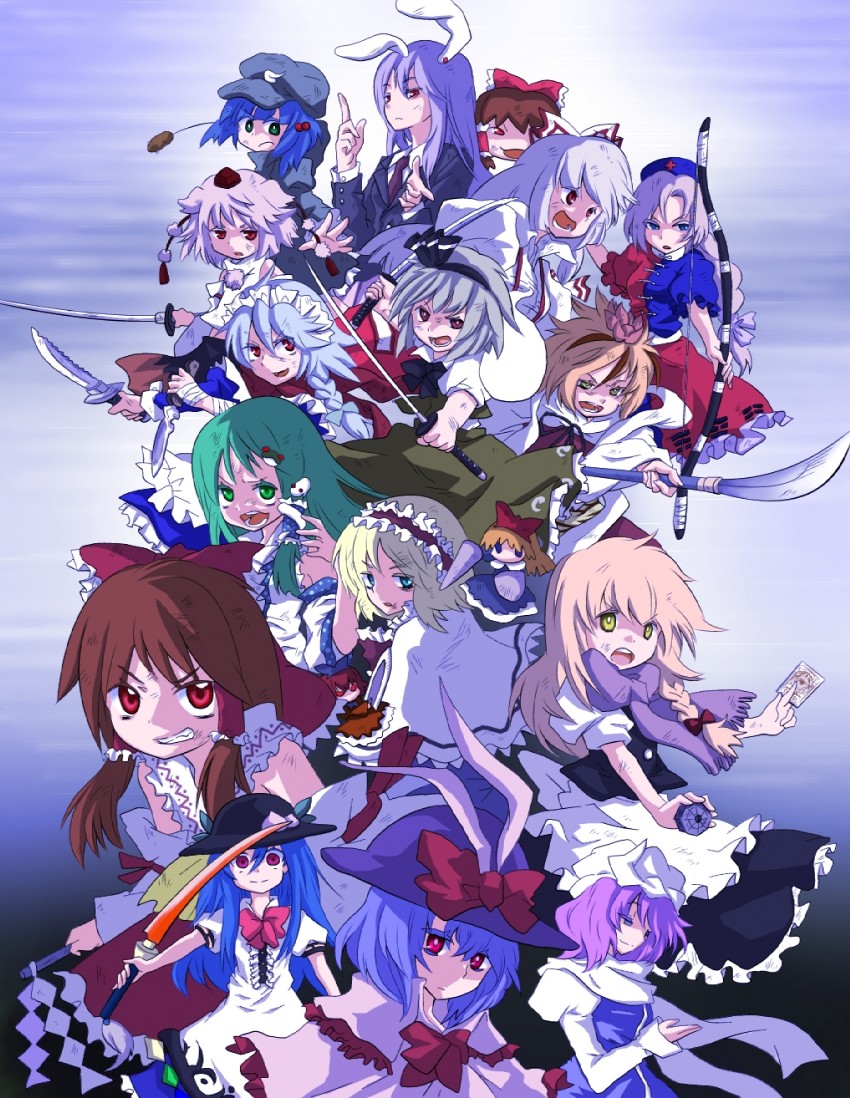 hakurei reimu, kirisame marisa, izayoi sakuya, kochiya sanae, konpaku youmu, and 12 more (touhou) drawn by issin.