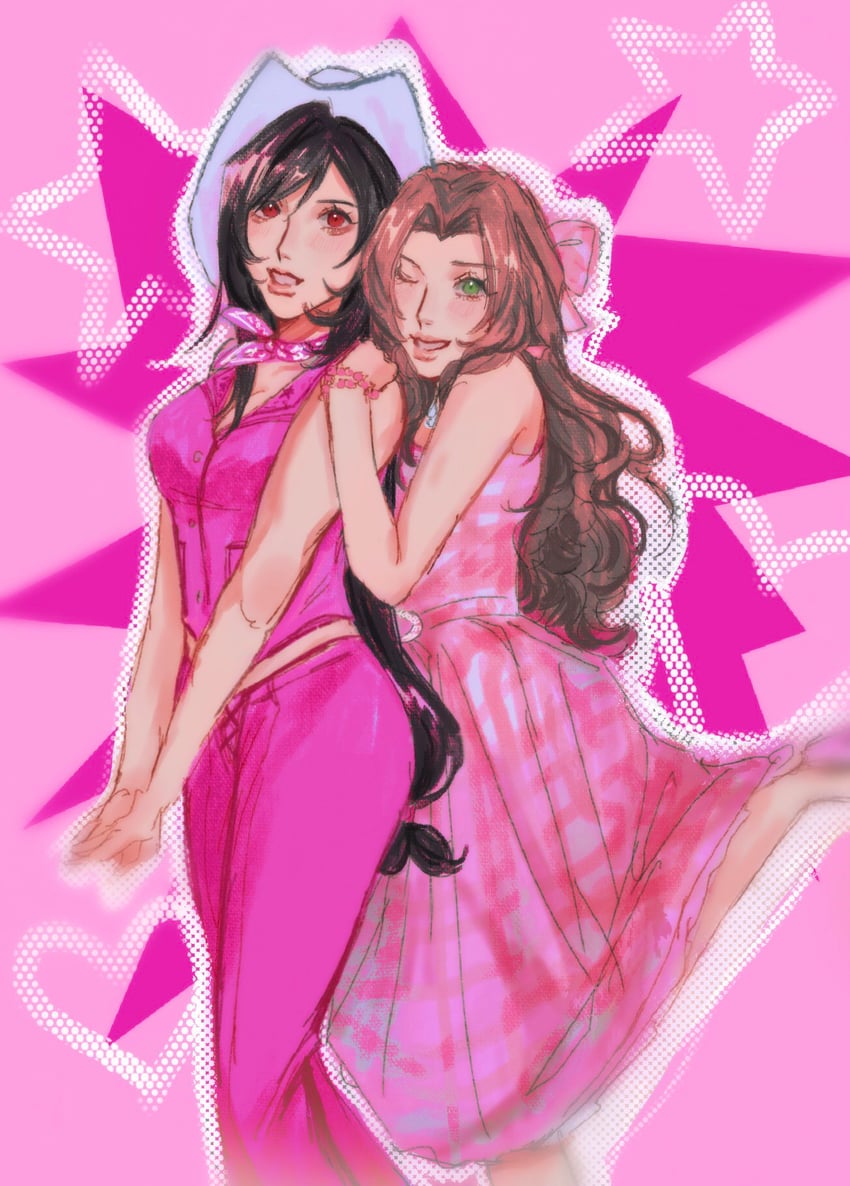 tifa lockhart, aerith gainsborough, barbie, and stereotypical barbie (final fantasy and 3 more) drawn by yoobie