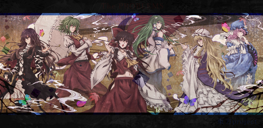 hakurei reimu, kochiya sanae, yakumo yukari, saigyouji yuyuko, kazami yuuka, and 1 more (touhou) drawn by hiiragi_isaki