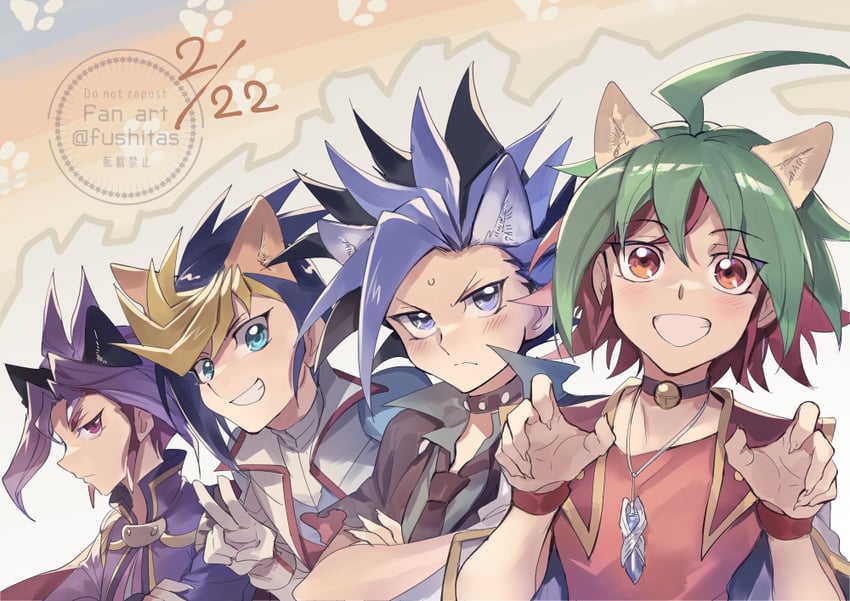 sakaki yuya, ute, hugo, and joeri (yu-gi-oh! and 1 more) drawn by fushitasu