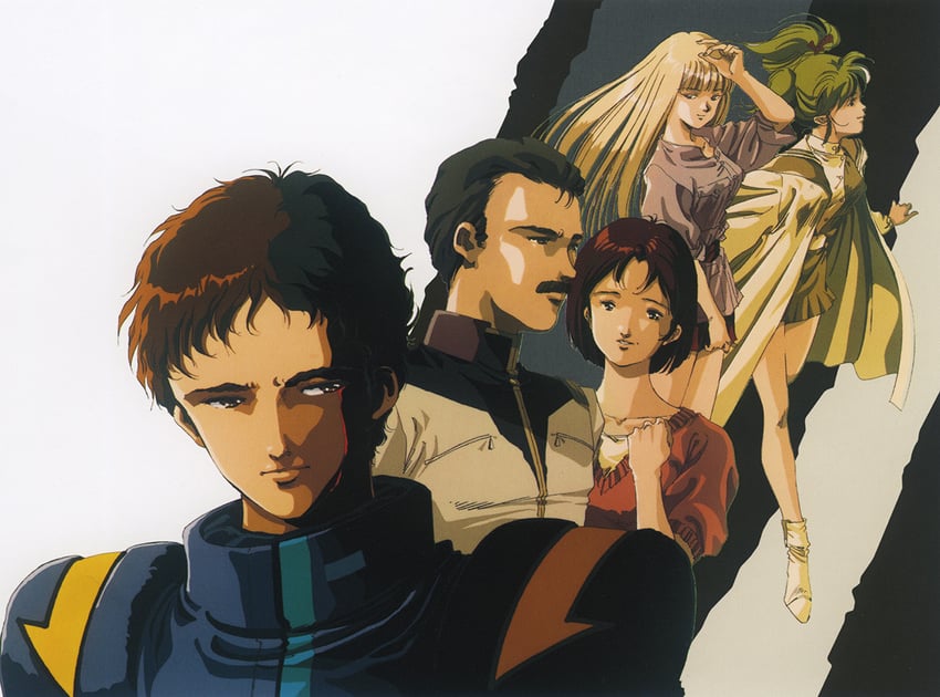 gigi andalusia, hathaway noa, quess paraya, bright noa, and mirai yashima (gundam and 1 more) drawn by mikimoto_haruhiko