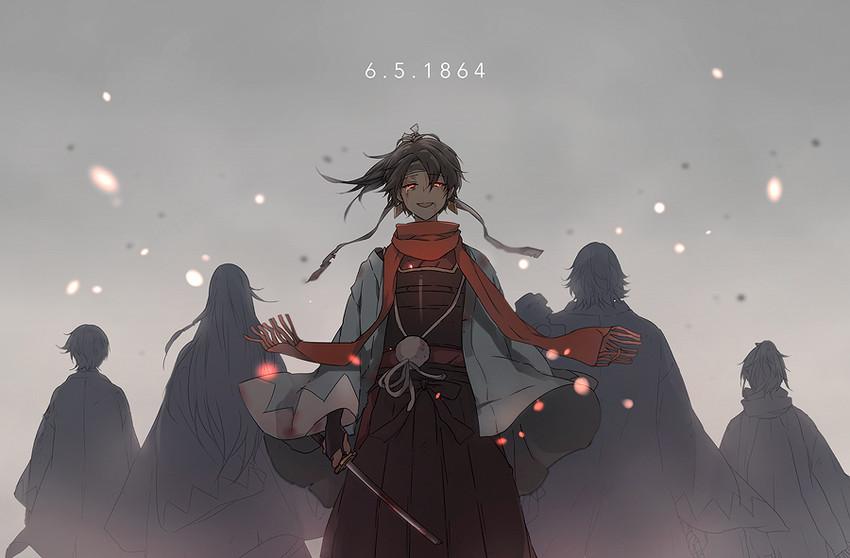 kashuu kiyomitsu, yamato-no-kami yasusada, izumi-no-kami kanesada, horikawa kunihiro, and nagasone kotetsu (touken ranbu) drawn by nuriko-kun