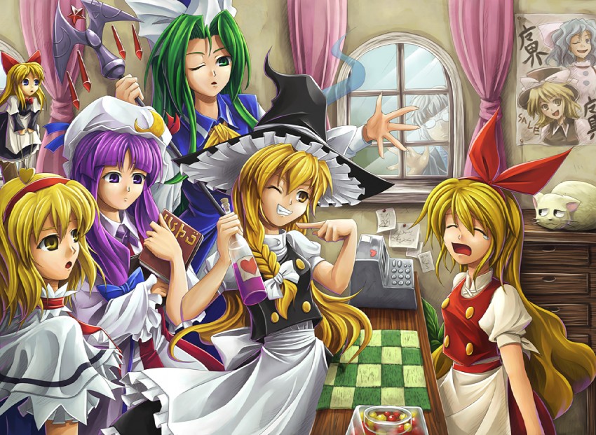 kirisame marisa, alice margatroid, patchouli knowledge, morichika rinnosuke, shanghai doll, and 5 more (touhou) drawn by koto_tsubane