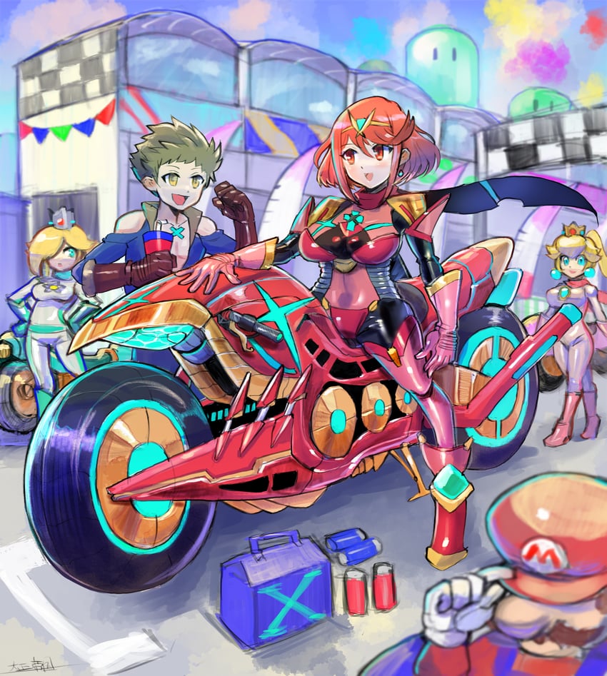 pyra, princess peach, mario, rosalina, rex, and 2 more (mario and 3 more) drawn by oomasa_teikoku